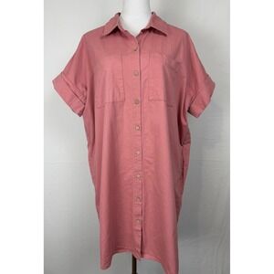 OAT Shirt Dress Womens L Pink Cotton Linen Cuffed Sleeve Lagenlook Girly Office